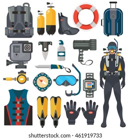 Scuba diving equipment accessories collection. Diver man in underwater wetsuit. Underwater hunting and swimming sport.