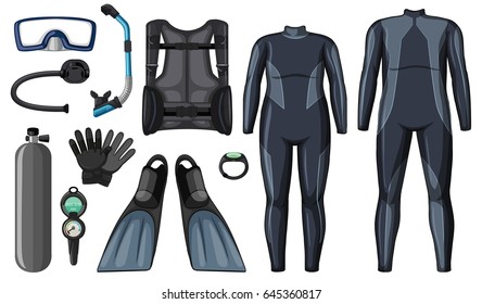 Scuba diving equipment in black color illustration