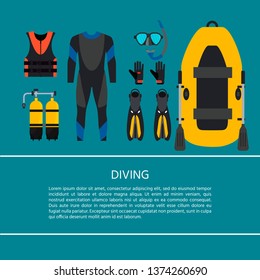 Scuba diving equipment collection. Underwater activity. Aqualung, oxygen cylinders,  flashlight, snorkel and mask, flippers, gloves,  boat. Vector Illustration.