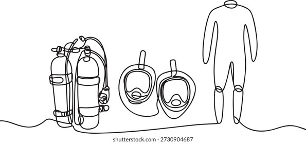 Equipo de buceo Dibujo de línea continua con tanques y máscaras. Equipo de exploración submarina y traje de neopreno minimalista línea de arte. Accesorios de buceo para el boceto del concepto de aventura oceánica. Ilustración de una sola línea de snorkel y kit de natación en aguas profundas. Equipamiento deportivo para actividades acuáticas.