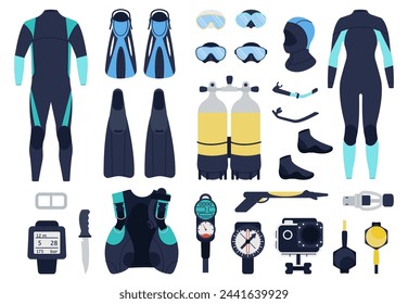 Scuba diving equipment. Divers suits, underwater shoes and masks. Snorkeling elements and tools. Swimming activity accessories, decent vector set