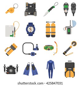 Scuba diving equipment icon set. Underwater activity gear vector icons. Snorkeling accessories. Scuba-diving elements kit isolated on white background. Underwater activity elements in flat design.