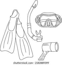Scuba diving equipment illustration vector outline items