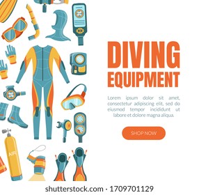 Scuba Diving Equipment Landing Page Template with Professional Accessories, Water Active Sport Vector Illustration