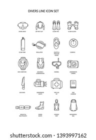 Scuba Diving Equipment Line Icon Set