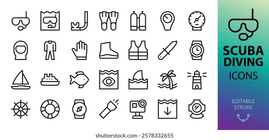 Scuba diving equipment line icons set. Set of diving mask, scuba gear, snorkel, fins, helmet, light, pressure gauge, knife, oxygen tank, shark fin vector symbol with editable stroke