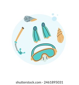 Scuba diving equipment and seashell on round background - summer vacation underwater trip banner. Can used for greeting card, postcard, poster.