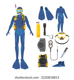 Equipo de submarinismo Scuba - ilustración vectorial plana aislada en fondo blanco. Carácter en traje húmedo, máscara de buceo y tanque de oxígeno. Herramientas de buceo submarino - cuchillos, linterna y aletas.