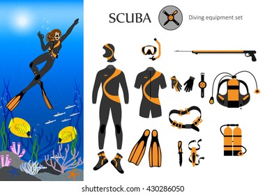 scuba diving equipment set with illustration of a young beautiful diver-girl and underwater landscape