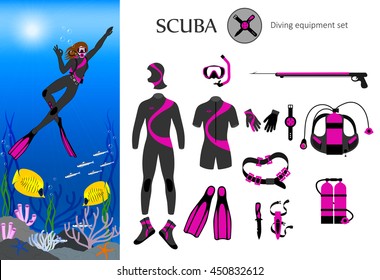 scuba diving equipment set with illustration of a young beautiful diver-girl and underwater landscape