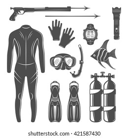 Scuba diving equipment set of vector monochrome design elements, objects and silhouettes isolated on white background. Underwater swimming sport hunting or spearfishing vector illustration.