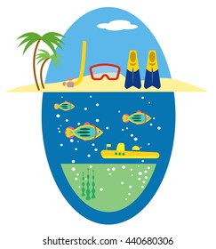 scuba diving equipment set vector illustration with mask, snorkel, fish, submarine, island beach and flipper, for tourism, leisure, extreme sport, recreation design