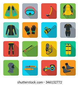 Scuba diving equipment. Sport underwater, water sea, glove and flashlight, Jacket, pants, suit, socks, regulators, octopus,  mask and snorkel. Flat long shadow design. Vector illustration