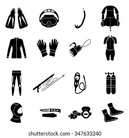 Scuba diving equipment. Sport underwater, water sea, glove and flashlight, Jacket, pants, suit, socks, regulators, octopus,  mask and snorkel. Flat long shadow design. Vector illustration