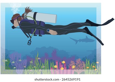 scuba diving, female diver wearing diving suit and using breathing equipment, exploring the coral reef, deep in the clear blue tropical ocean 