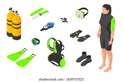 Scuba diving. Female set of diving equipment on white background. Flat vector illustration in isometric style.