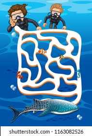 Scuba diving find whale shark maze game illustration