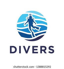 Scuba diving flat logo. Diver with scuba. Vector diver silhouette.