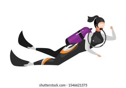 Scuba diving flat vector illustration. Underwater diving with aqualung. Extreme sports. Active lifestyle. Outdoor activities. Sportswoman, scuba diver isolated cartoon character on blue background