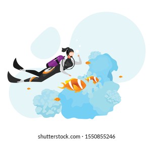 Scuba diving flat vector illustration. Underwater diving, snorkeling. Extreme sports experience. Active lifestyle. Summer outdoor activities. Sportswoman isolated cartoon character on blue background