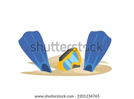 Scuba diving flippers and mask in sand on the beach, flat vector illustration isolated on white background. Snorkeling set laying on the beach in sand. Summer activity concept.