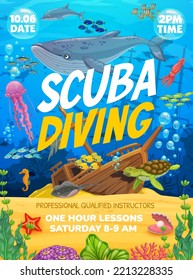 Scuba diving flyer underwater landscape. Cartoon vector invitation poster for diving education with professional instructors. Sunken ship on sandy sea bottom with fishes, corals, plants and animals