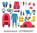 Scuba diving gear and accessories. Diver, aqualung, oxygen cylinders, wetsuit, scuba mask, snorkel, boat, camp, vest flippers life jacket fins boat etc