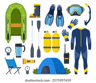 Scuba diving gear and accessories. Diver, aqualung, oxygen cylinders, wetsuit, scuba mask, snorkel, boat, camp, vest flippers life jacket fins boat etc