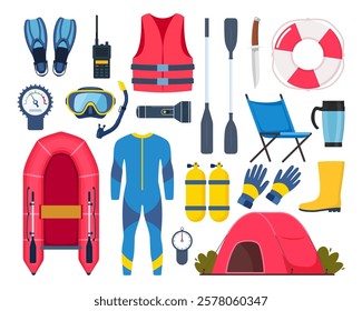 Scuba diving gear and accessories. Diver, aqualung, oxygen cylinders, wetsuit, scuba mask, snorkel, boat, camp, vest flippers life jacket fins boat etc