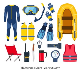 Scuba diving gear and accessories. Diver, aqualung, oxygen cylinders, wetsuit, scuba mask, snorkel, boat, camp, vest flippers life jacket fins boat etc