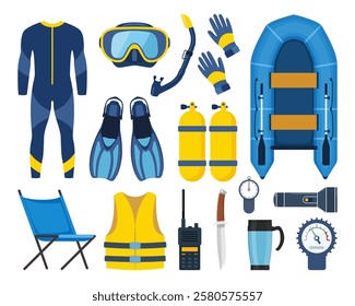 Scuba diving gear and accessories. Diver, aqualung, oxygen cylinders, wetsuit, scuba mask, snorkel, boat, camp, vest flippers life jacket fins boat etc