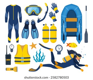 Scuba diving gear and accessories. Diver, aqualung, oxygen cylinders, wetsuit, scuba mask, snorkel, boat, camp, vest flippers life jacket fins boat etc