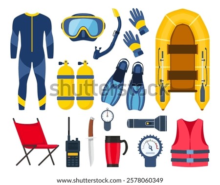 Scuba diving gear and accessories. Diver, aqualung, oxygen cylinders, wetsuit, scuba mask, snorkel, boat, camp, vest flippers life jacket fins boat etc