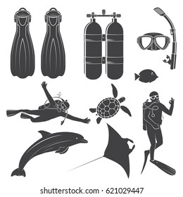 Scuba diving gear and divers. Vector illustration. Set include dive mask, snorkel, fins, divers and sea animals. Elements on the theme of the diving service business.