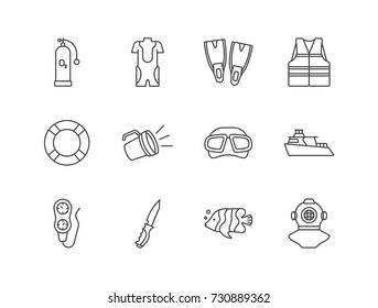 Scuba diving gear, equipment line icons set with air tank, diver suit, flippers, life vest, safety tube, mask, timer, knife, flashlight, fish, ship, helmet.