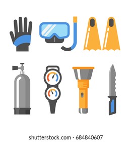 Scuba diving gear flat icon set. Gloves, mask, snorkel, fins, air tank, pressure gauge, flashlight, knife.