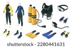 Scuba diving gear in isometric view. Equipment for under water adventure. Wetsuits and gloves, scuba mask, fins, oxygen tank with regulator 3D icons. Underwater ocean or sea sport. Vector illustration