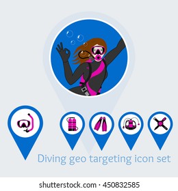 Scuba diving geolocation blue signs set. map icons for a diving club or school