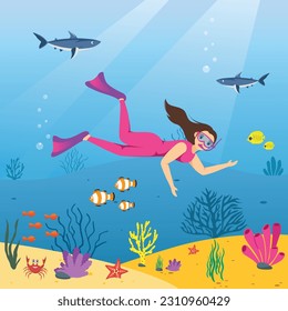 Scuba diving. girl exploring underwater background view. surrounded with colourful fishes. girl doing scuba dive in sea vector illustration