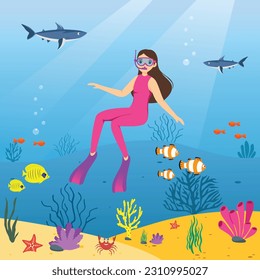 Scuba diving. girl exploring underwater background view. surrounded with colourful fish. Pretty girl doing scuba dive in sea vector illustration.