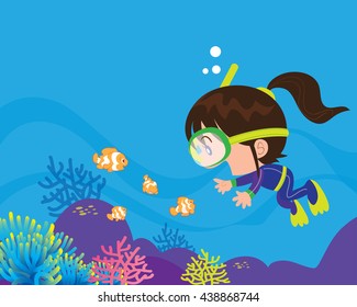 Scuba Diving. Girl swimming under water with fish. Snorkeling girl 