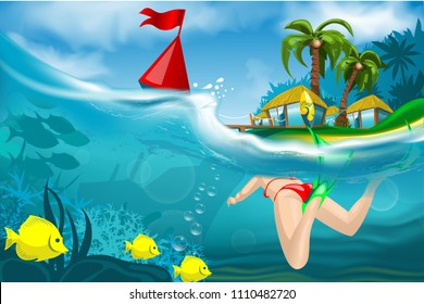 Scuba diving girl with underwater view