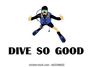 scuba diving so good, man enjoying the dive.Vector flat design illustration in the isolated on background.
