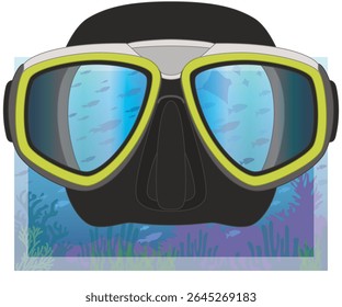 scuba diving, half mask with tropical deep blue ocean in the background