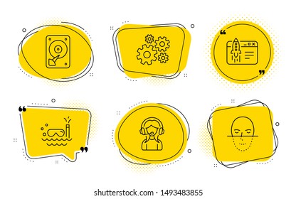 Scuba diving, Hdd and Face recognition signs. Chat bubbles. Start business, Cogwheel and Support line icons set. Launch idea, Engineering tool, Call center. Trip swimming. Business set. Vector
