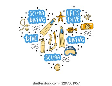 Scuba diving heart concept with elements  and equipment. Underwater activity symbols, lettering and accessories. Diver mask, aqualung, snorkel, flippers and other gears items. Vector illustration.