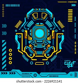 Scuba diving helmet cyberpunk blue design with dark background. Abstract technology vector illustration.