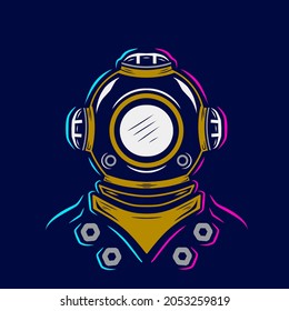 Scuba diving helmet line pop art logo. Colorful sea design with dark background. Abstract vector illustration. Isolated black background for t-shirt, poster, clothing, merch, apparel, badge design