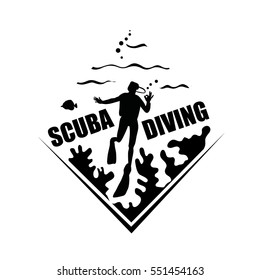 Scuba Diving icon with corals, diving man and fish. Vector logotype or badge for Diving Center. Scuba diver silhouette.