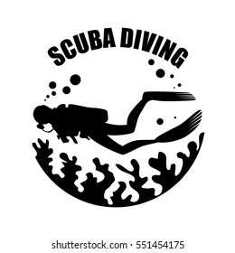 Scuba Diving icon with corals and diving man. Vector logotype or badge for Diving Center. Scuba diver silhouette.